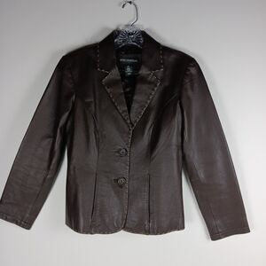 Vintage 90s Petite Sophisticate Brown Leather Blazer Jacket Size 0P Pockets